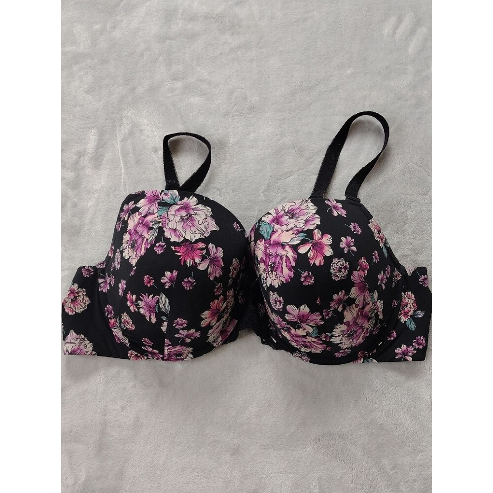 Torrid Curve Perfect Coverage Black & Pink Floral Push Up Smooth Bra Size 46 C